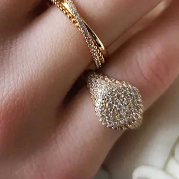 NEW Gold Tone Silver Pave Diamond Ring - Picture 3 of 4